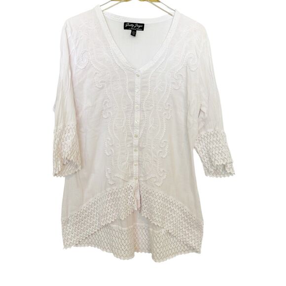 Gretty Zueger High Low White Embroidered Tunic Top Sz M - Picture 1 of 5